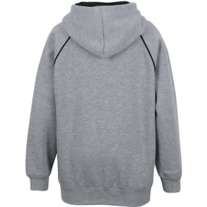 A grey hoodie with a contrasting black lining and hood, featuring a logo on the back.