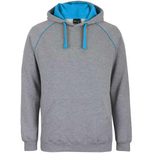 A grey hoodie with a contrasting blue inner hood and piping, featuring a front pocket and a logo.