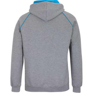 A grey hoodie with a blue contrast hood and detailing, featuring a logo. The back view shows the design and fit.