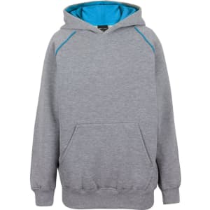A grey hoodie with a blue interior lining and contrasting blue stitching. It has a front pouch pocket and a logo.
