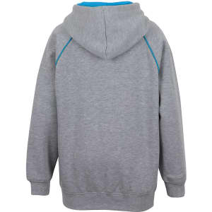 A grey hoodie featuring a blue contrast trim, with a hood and kangaroo pocket, showing the back view.