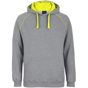 A grey hoodie featuring a contrasting neon yellow hood and detailing, complete with a front pocket and a logo.