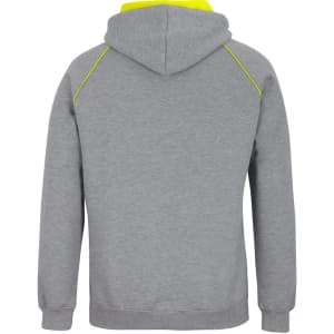A grey hoodie with a contrasting neon yellow trim and a hood. It features a logo on the back.
