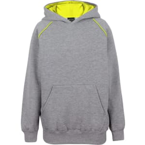 A grey hoodie featuring a bright yellow interior and contrast stitching, with a front pocket and a hood.