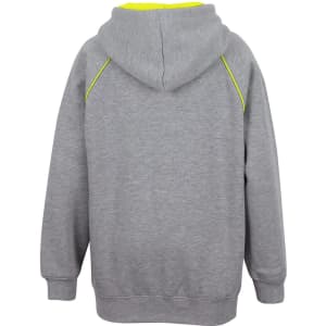 A grey hoodie featuring a contrast yellow lining and a hood, showcasing a relaxed fit and a simple design.