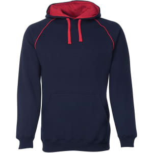 A navy blue hoodie with contrasting red accents on the hood and drawstrings, featuring a front pocket and logo.
