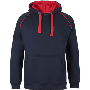 A navy hoodie with red accents and a kangaroo pocket, featuring a hood and drawstrings. It has a logo on it.