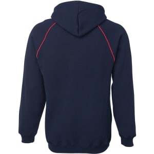 A navy fleece hoodie featuring red contrast stitching and a hood, with a logo on the back.