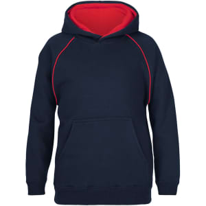 A navy blue hoodie with a red interior and contrasting red stitching, featuring a front pocket and a logo.