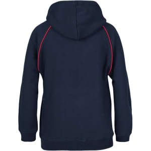 A navy hoodie featuring contrasting red detailing and a hood. It has a logo on the back.