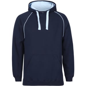 A navy hoodie with light blue accents and a front pocket, featuring a hood and a logo.