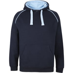 A navy hoodie featuring a light blue lining, with a front pocket and a contrasting design. It has a logo.