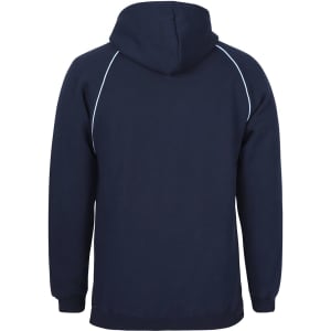 A navy hoodie with a contrasting piped design, featuring a kangaroo pocket and a hood, has a subtle logo.