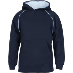 A navy hoodie with a light blue lining, featuring a kangaroo pocket and a hood. It has contrast stitching and a logo.