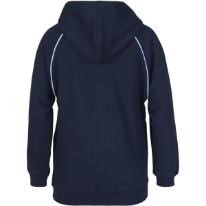 A navy hoodie with contrasting light blue detailing and a hood, featuring a logo on the back.