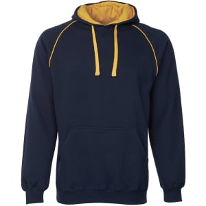 A navy hoodie with a contrasting yellow interior and drawstrings, featuring a front pocket and a logo.