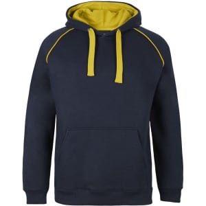 A navy blue hoodie with yellow contrast details and a front pocket. It features a hood and a logo.