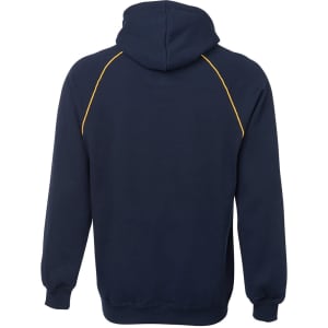 A navy hoodie with contrasting yellow stitching and a hood, featuring a brand logo.