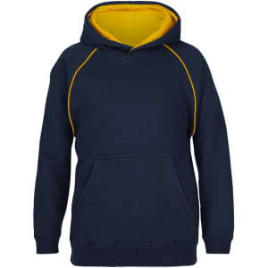 A navy hoodie with a yellow contrast lining, featuring a front pocket and a logo.