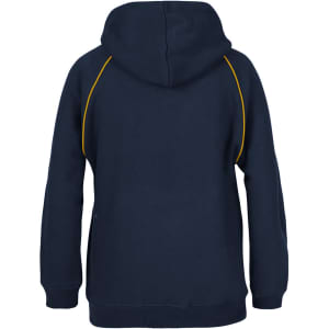 A navy hoodie featuring contrast yellow stitching and a hood. Includes a logo on the front.