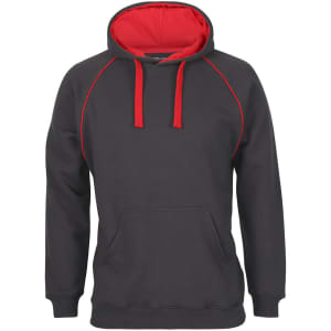 A grey hoodie with a red hood and accents, featuring a front pocket and adjustable drawstrings.