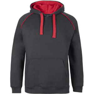 A dark grey hoodie with a red hood and drawstrings, featuring a front pocket and contrasting trim.