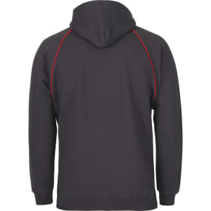 A dark grey hoodie featuring red contrast stitching and a hood, with a logo on the back.