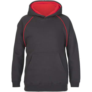 A black hoodie with a red interior and contrast stitching. It features a front pocket and a hood.