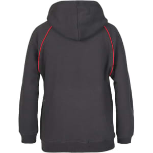 A black hoodie featuring red contrast detailing and a hood, showcasing the back view. It has a logo.