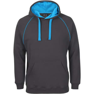 A black hoodie with a blue lined hood and blue drawstrings, featuring a front pocket and a logo on the label.