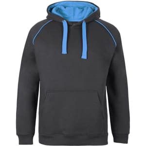 A grey hoodie with a blue hood and drawstrings, featuring a front pocket and a branded logo.
