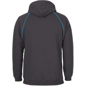 A dark grey hoodie with a blue contrast detail and a hood, featuring a logo on the back.