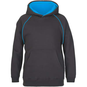 A black hoodie with a blue interior and contrasting stitching, featuring a front pocket and a hood.