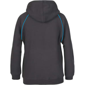 A black hoodie with a contrasting blue trim and a spacious hood, featuring a logo.