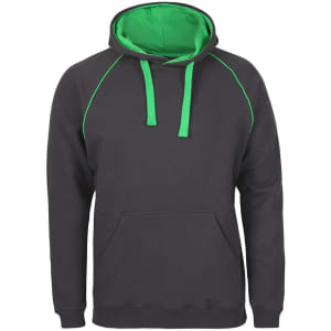 A dark grey hoodie with a green hood and drawstrings, featuring a front pocket and contrasting stitching.