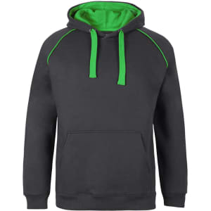 A grey hoodie featuring a green lined hood and drawstrings, with a front pouch pocket and a logo.