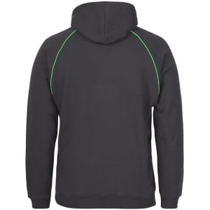 A black hoodie with green contrast stitching, featuring a hood and a logo on the back.