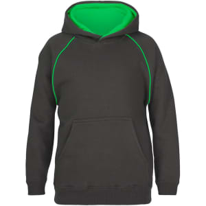 A black hoodie with a green interior, featuring a kangaroo pocket and contrasting stitching. It has a logo.