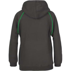 A black hoodie featuring green contrast stitching along the seams and a hood at the back.