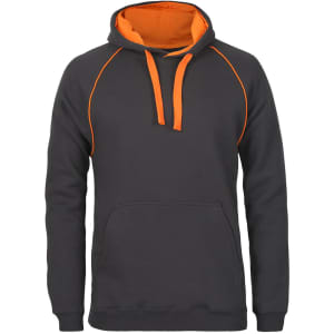 A dark grey hoodie with an orange lining and drawstrings, featuring a front pocket and branding.