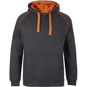 A dark grey hoodie featuring an orange interior and contrasting orange detailing, with a front pocket and a hood.