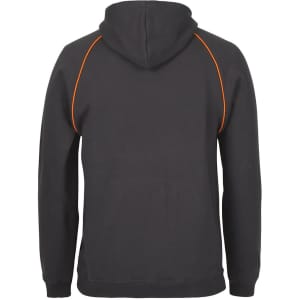 A back view of a black hoodie featuring contrast orange stitching and a hood. It includes a logo.