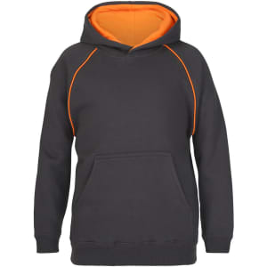 A black hoodie with an orange interior and contrasting stitching. It features a front pocket and a hood.