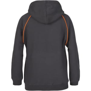 A dark grey hoodie with an orange contrast design and a hood, featuring a logo.