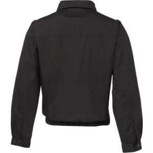 A black polar fleece jacket with a cropped design and gathered hem, featuring a collar and buttoned cuffs.