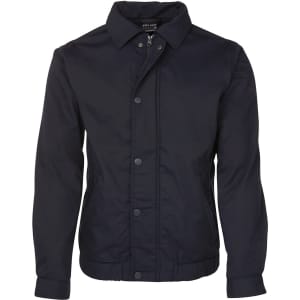 A dark navy polar fleece jacket with a collar and snap-button front, featuring a logo.