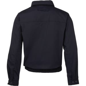 A black polar fleece jacket featuring a collar, elastic hem, and buttoned cuffs. Includes a logo on the back.