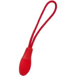 A red changeable zip puller with a looped cord, designed for clothing accessories.