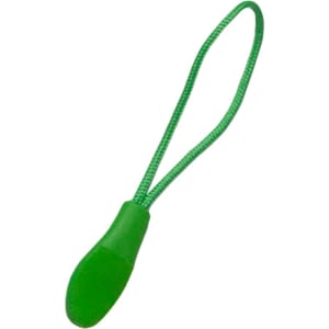 A green changeable zip puller with a looped cord, designed for use with zippers.