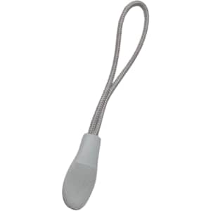 A grey changeable zip puller with a textured grip and a flexible loop for attachment.